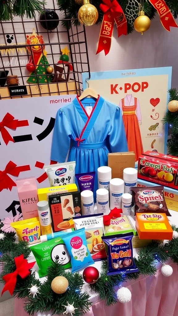 A vibrant array of Korean gifts for Christmas, including K-pop albums, Hanbok, skincare products, and snacks on a festive table.